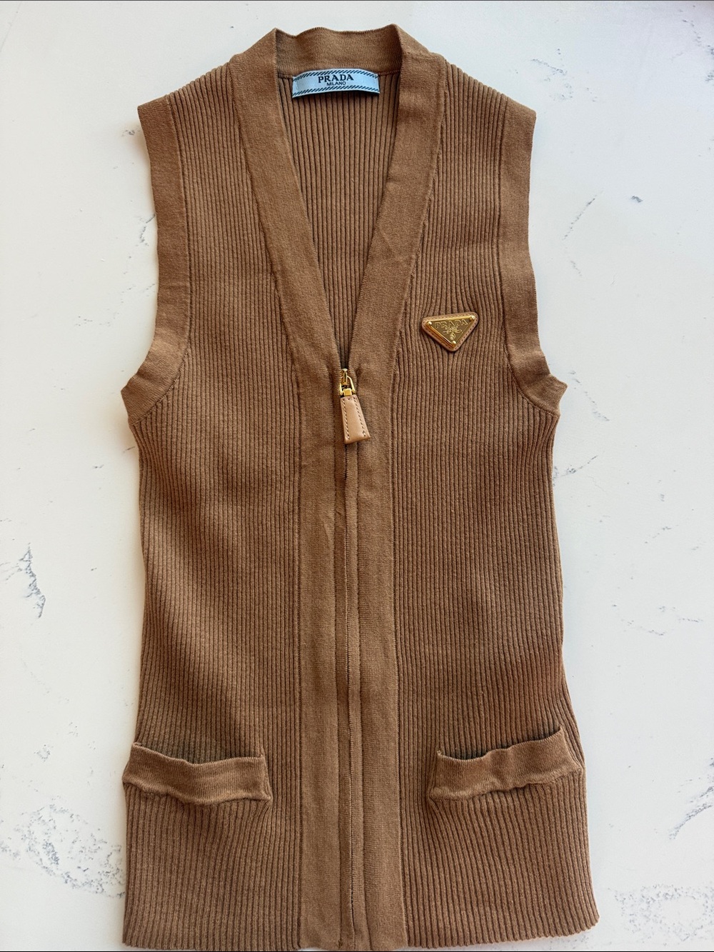 Prada Ribbed Knit Sleeveless Zip Vest Cardigan Brown Camel Leather Logo Plaque - Picture 3 of 16